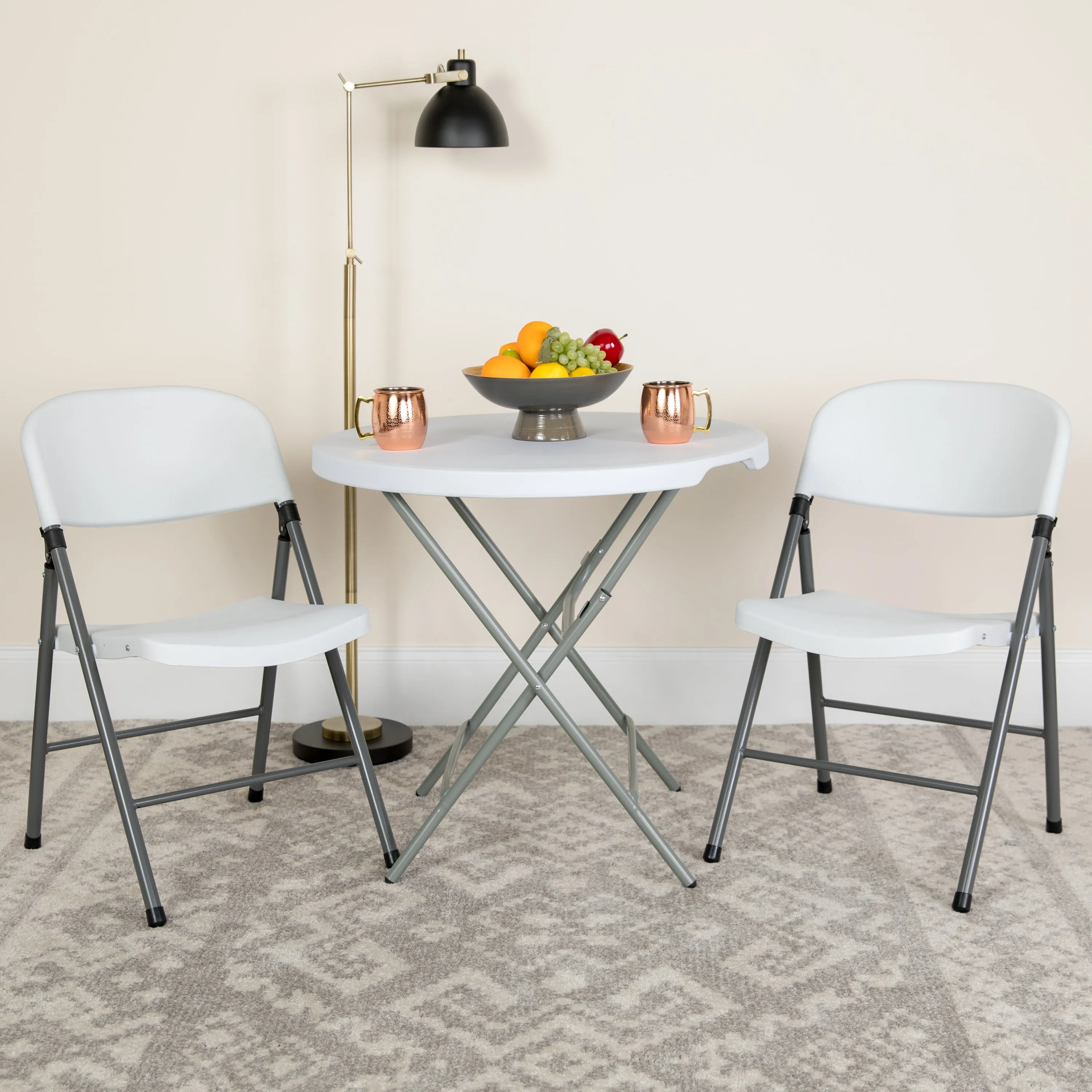 2 Pack HERCULES Series 330 lb. Capacity Granite White Plastic Folding Chair with Charcoal Frame