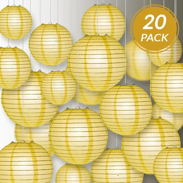 5-PACK 14" Lemon Yellow Chiffon Round Paper Lantern, Even Ribbing, Chinese Hanging Wedding & Party Decoration