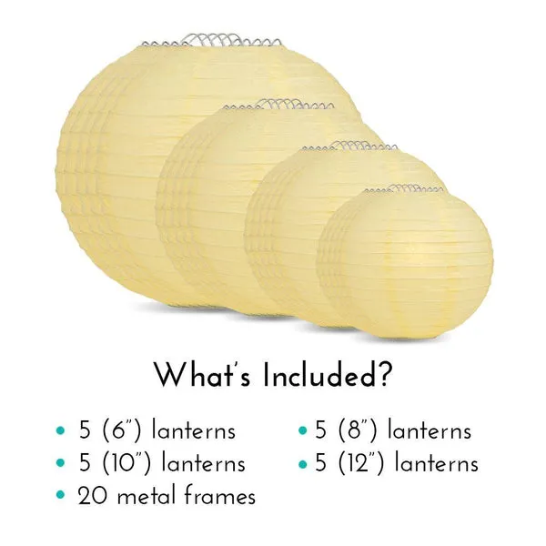 5-PACK 14" Lemon Yellow Chiffon Round Paper Lantern, Even Ribbing, Chinese Hanging Wedding & Party Decoration
